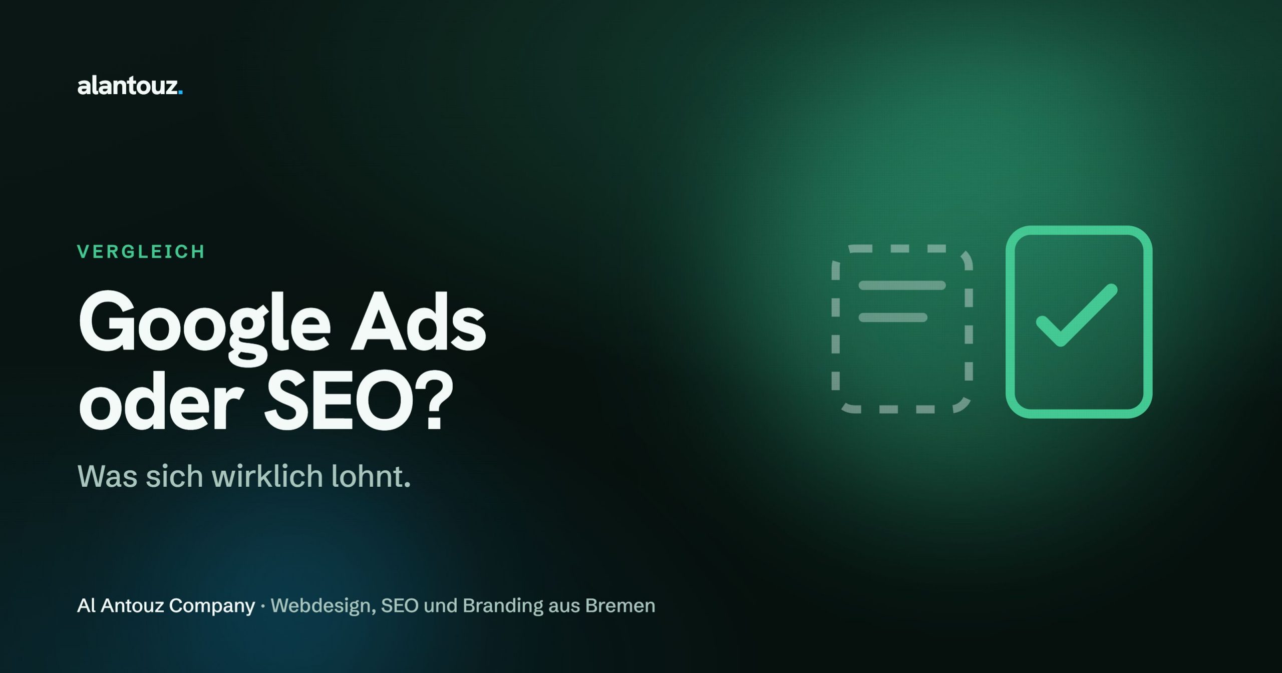 Vergleich Google Ads gegen SEO als zwei Wege zur Sichtbarkeit bei Google im dunklen Alantouz-Markenlook
