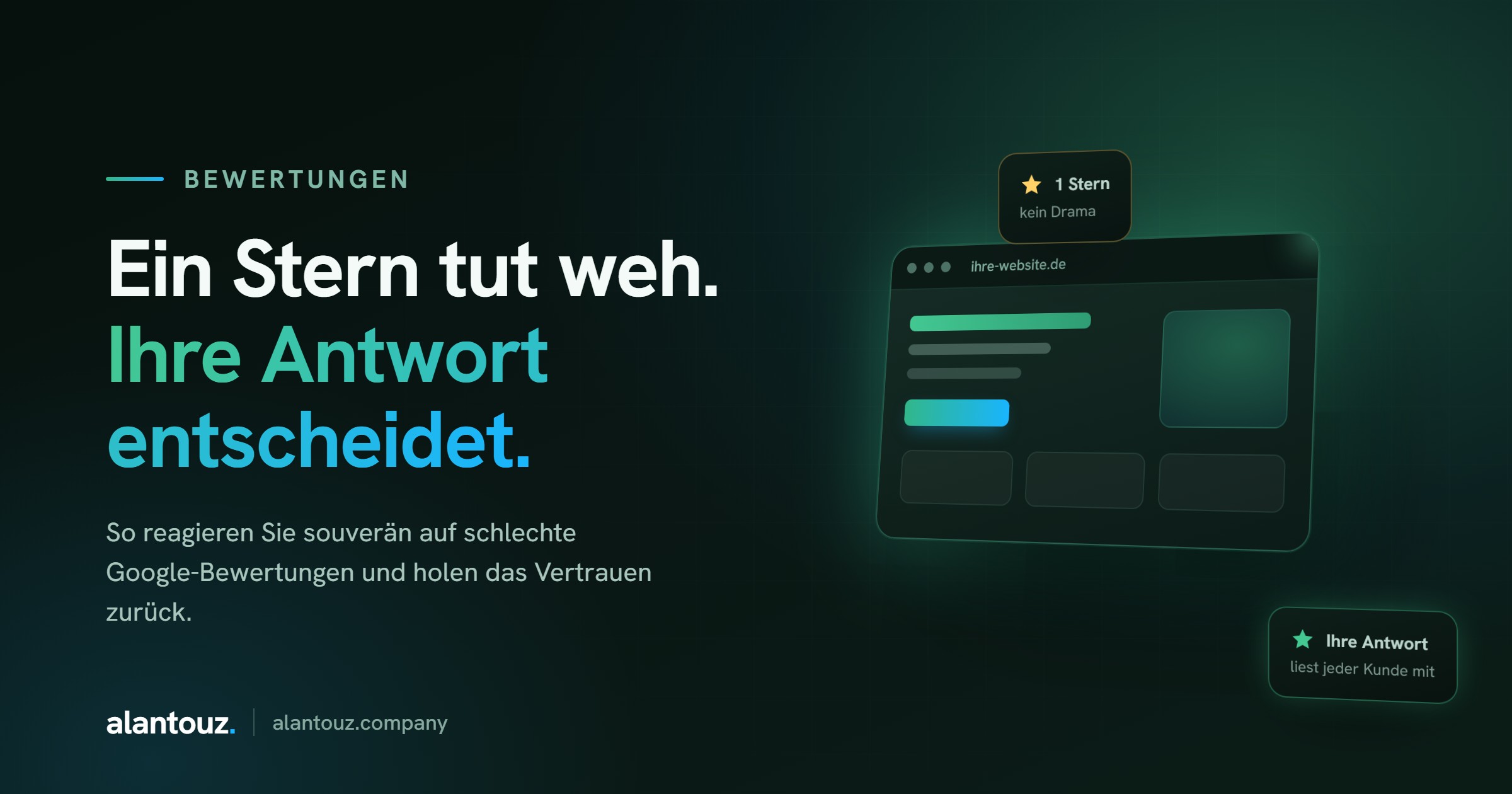 Betriebsinhaber beantwortet eine schlechte Google-Bewertung ruhig und sachlich am Laptop