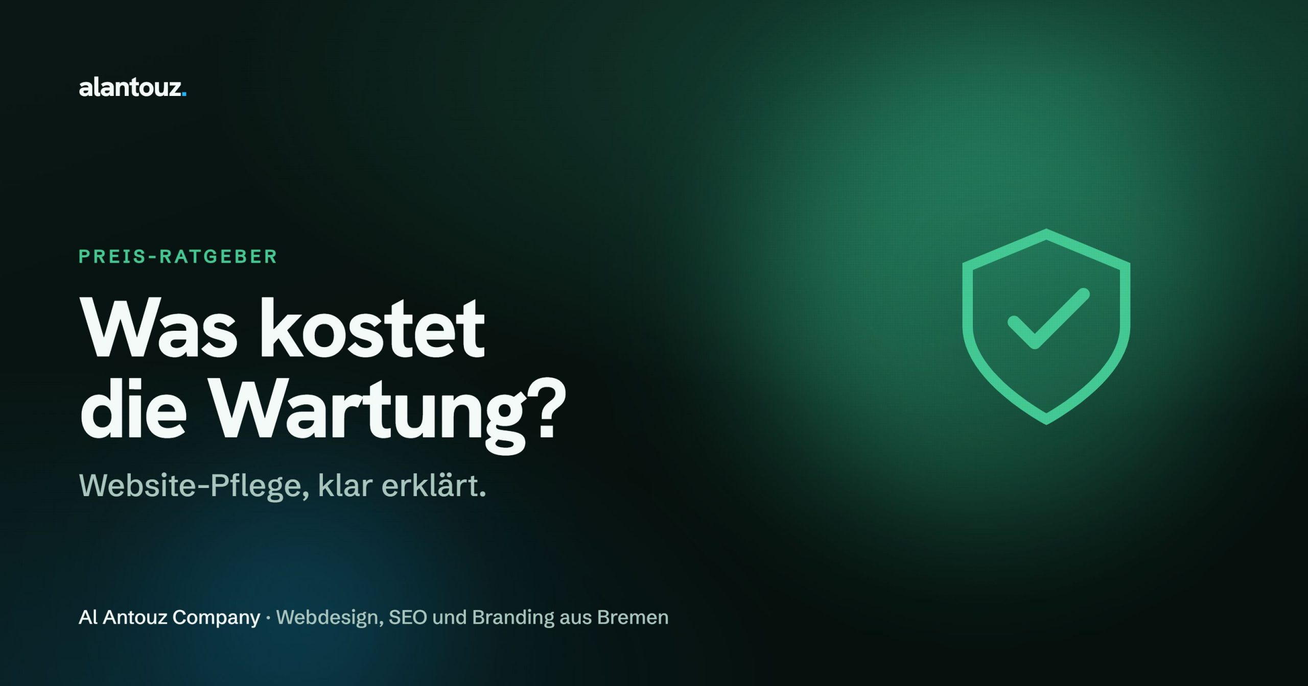 Website Wartung als schützendes Schild und Zahnrad über einem Website-Fenster im dunklen Marken-Look