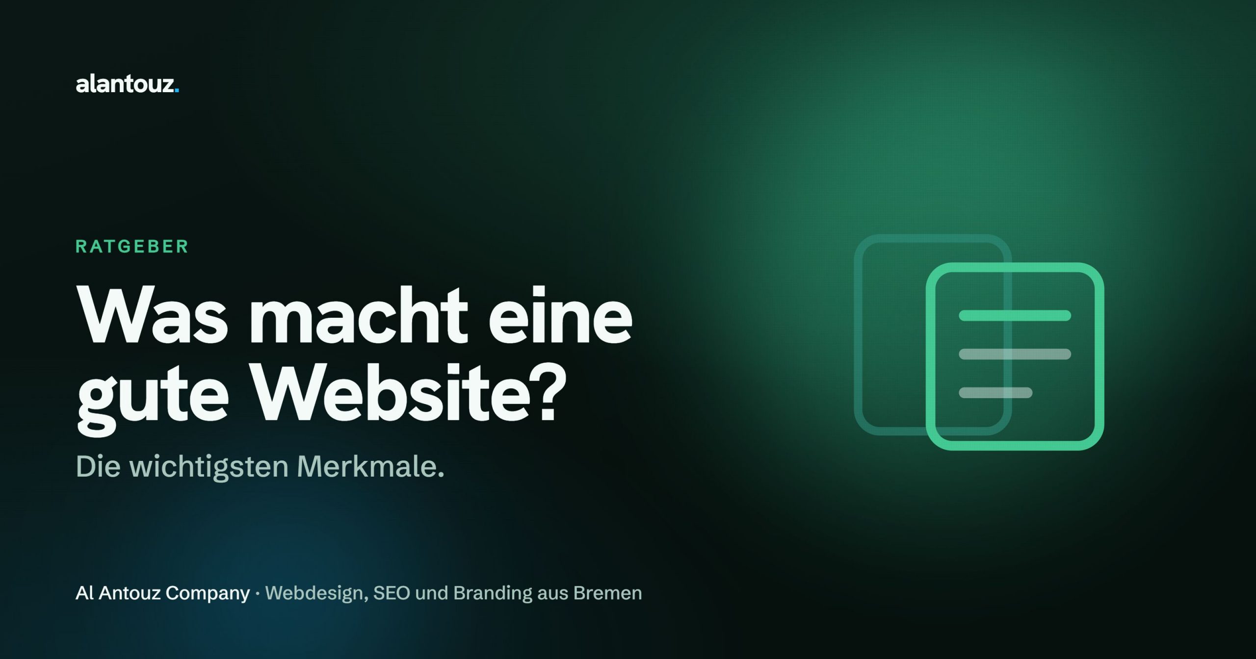 Sechs Merkmale einer guten Website als leuchtende Symbole auf dunklem Hintergrund