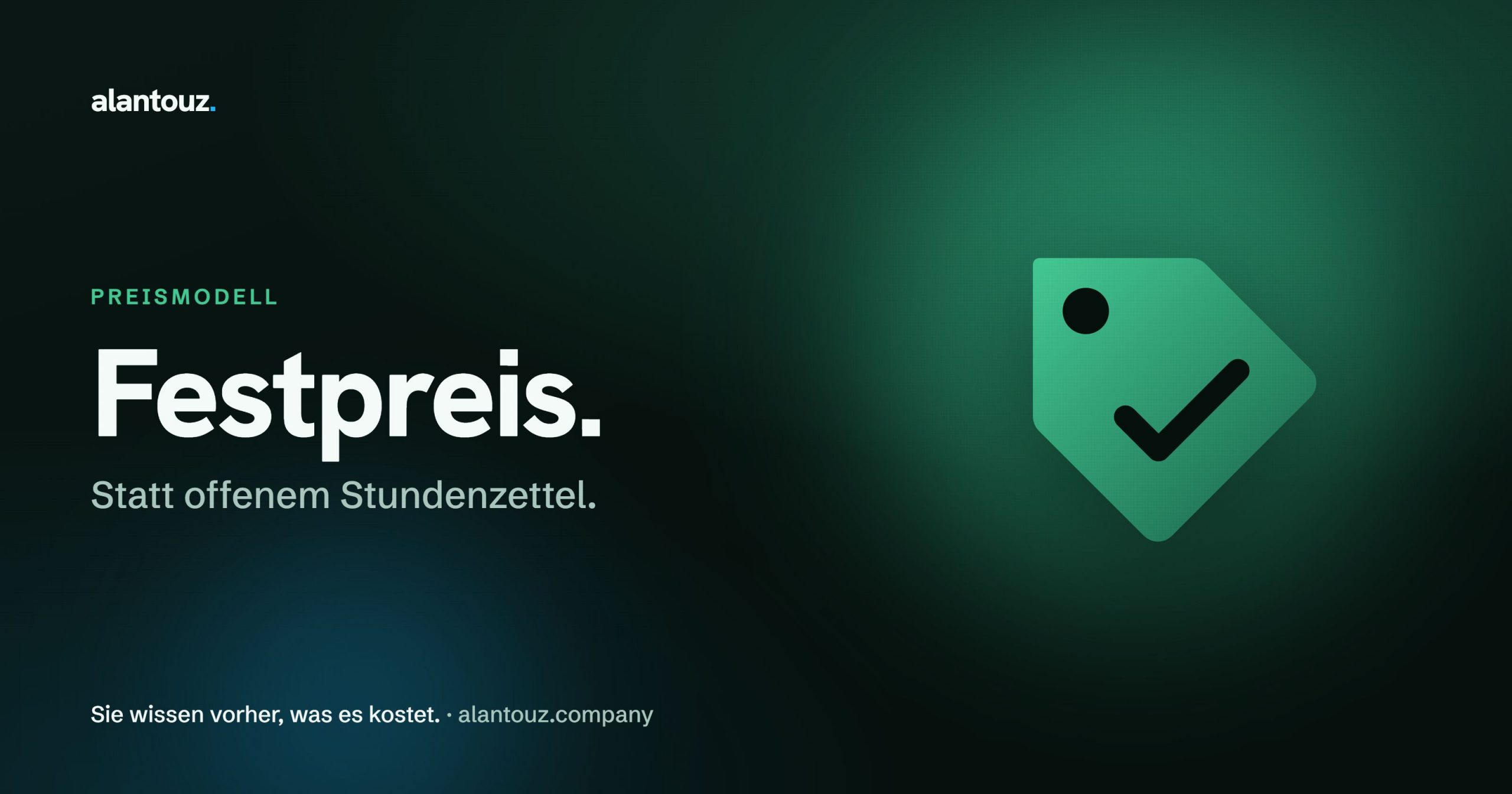 Marken-Illustration: Preisschild mit Haken als Symbol für einen klaren Festpreis statt offenem Stundensatz