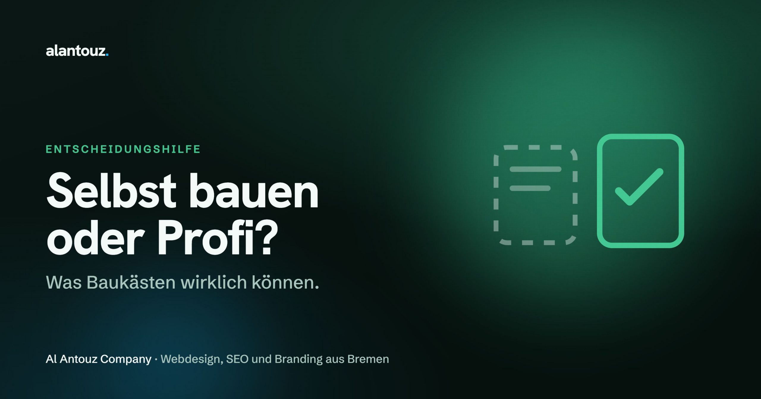 Vergleich zwischen einer selbst gebauten Baukasten-Website und einer professionell gestalteten Website im dunklen Alantouz-Look